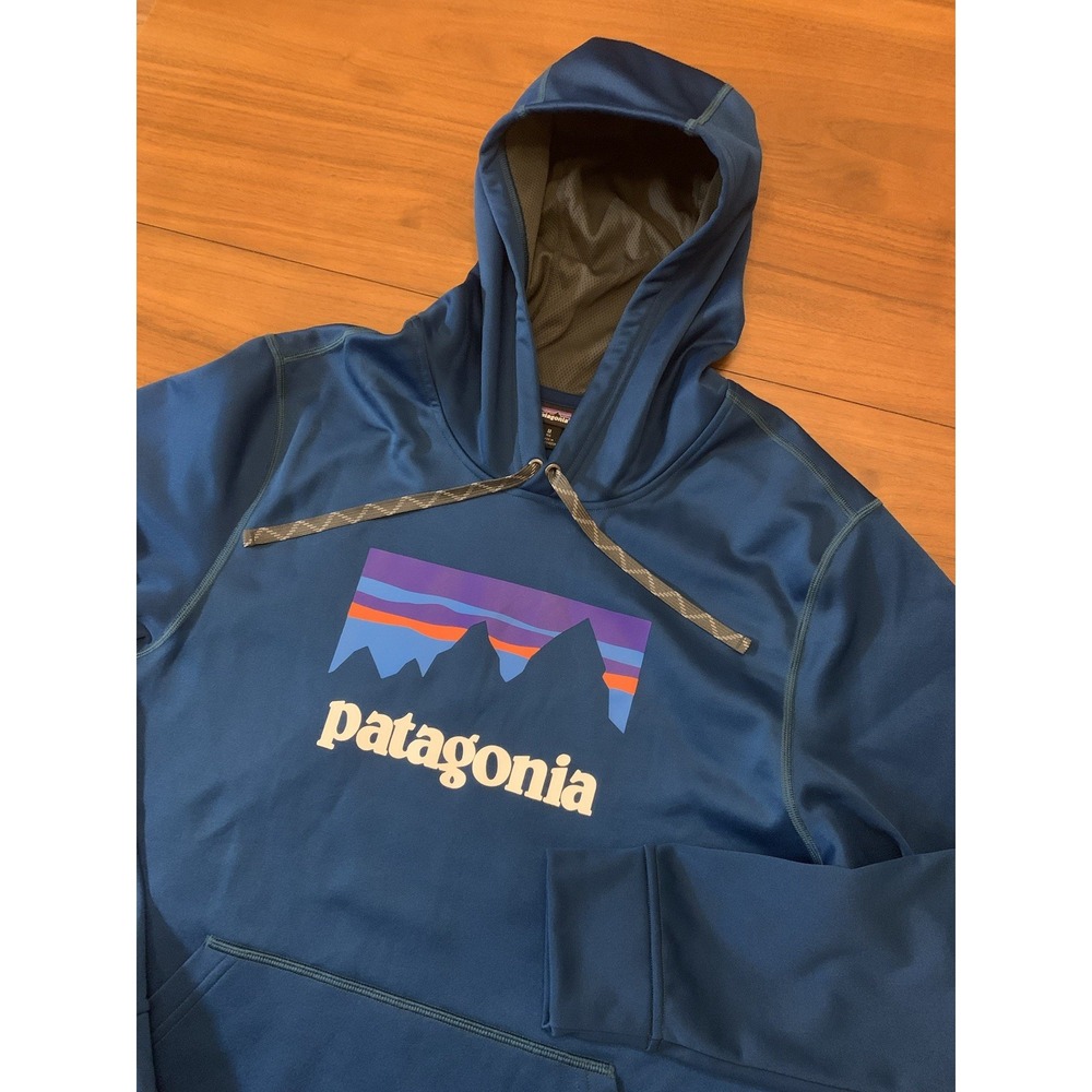 Patagonia Hoodie Mens M Blue Shop Sticker Big Logo PolyCycle Fleece Pullover